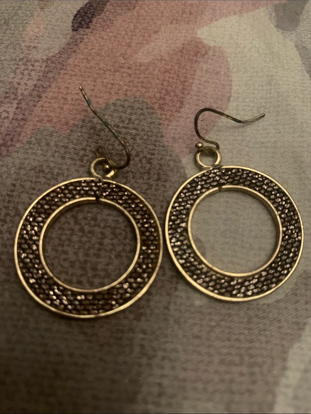 Textured Gold Circle Drop Earrings — Open Hoop Dangle